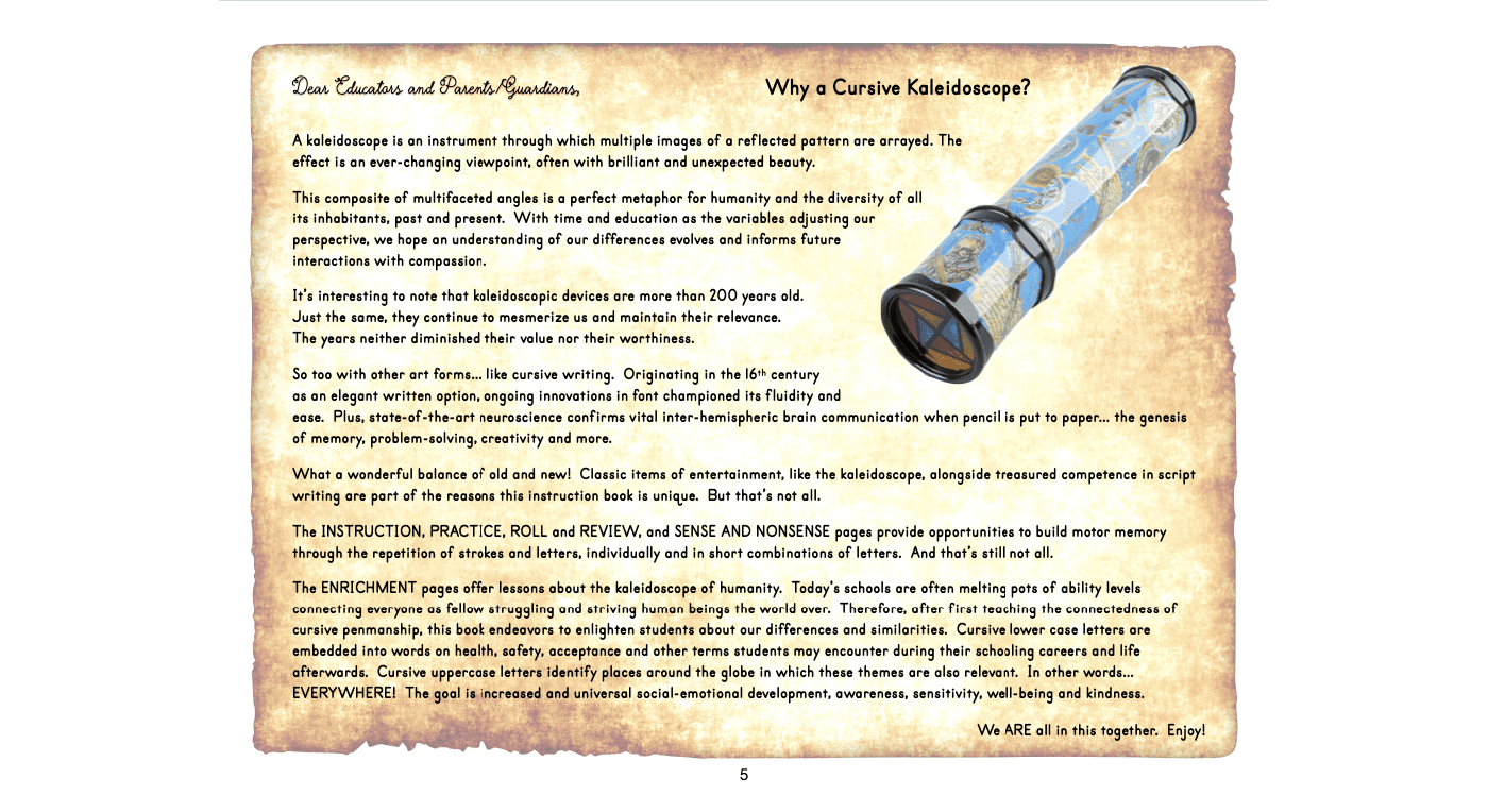 The image shows vintage paper with text about cursive handwriting, a colorful kaleidoscope design on the right, and highlights cognitive benefits of cursive. It introduces Real OT Solutions Cursive Kaleidoscope Workbook© for kids, complete with a decorative border.