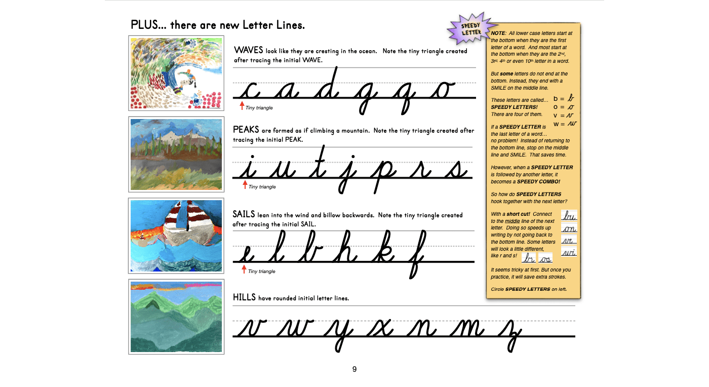 The Cursive Kaleidoscope Workbook© by Real OT Solutions offers handwriting practice with illustration boxes, featuring waves, peaks, sails, and hills. Examples include c a d g q for waves, with sidebar tips to enhance learning through engaging cursive writing exercises.
