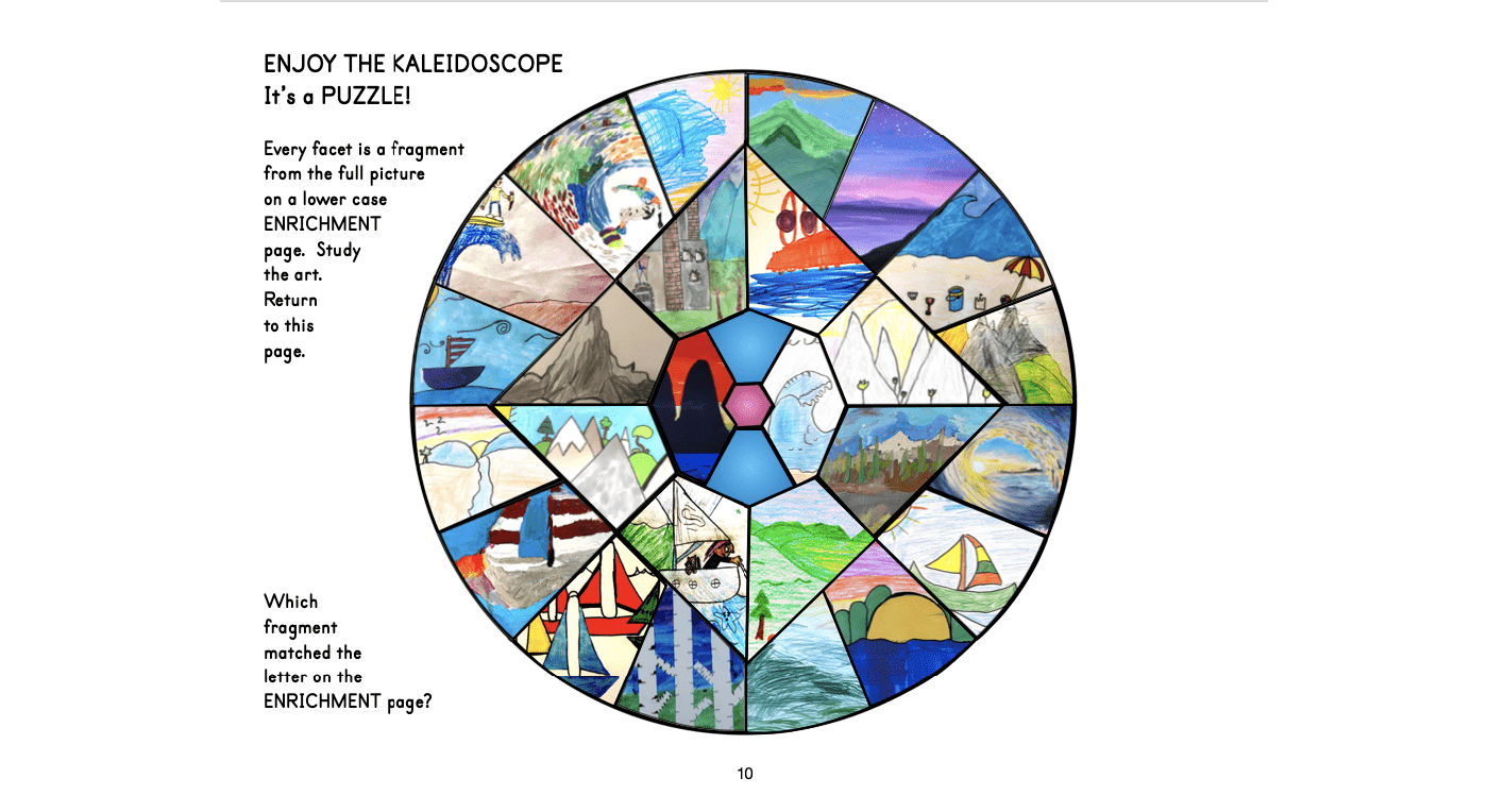The Cursive Kaleidoscope Workbook© by Real OT Solutions features vibrant hand-drawn, triangular images in a circular puzzle format. Text reads: ENJOY THE KALEIDOSCOPE. It’s a PUZZLE! Engage young minds by matching fragments with an enrichment page, adding a fun twist to cursive writing practice.