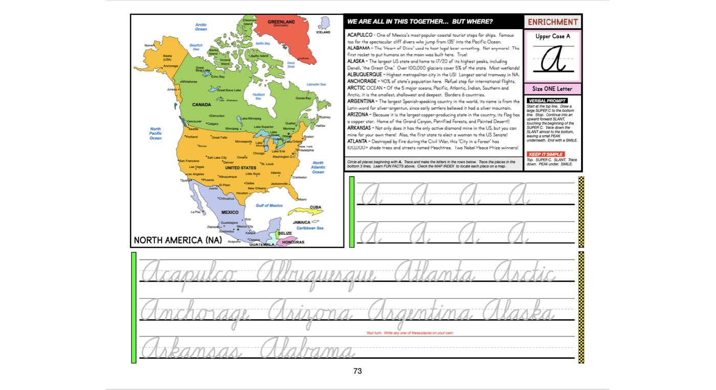 The Cursive Kaleidoscope Workbook© by Real OT Solutions features a map of North America with labeled countries highlighted in various colors, plus a practice section below where kids can enhance their cursive writing skills using words such as Alabama and Arizona.