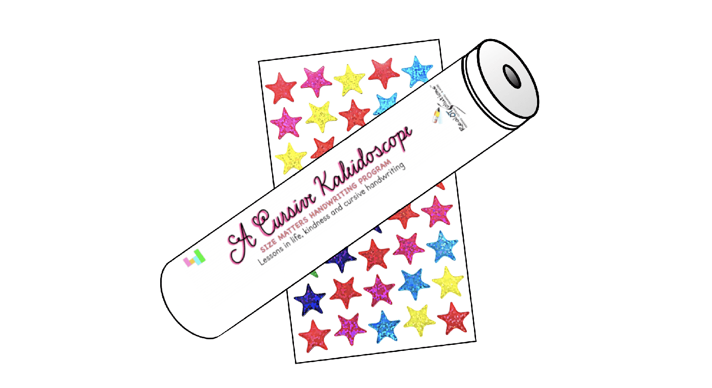 Illustration of a white Cursive Kaleidoscope Workbook© by Real OT Solutions in elegant script, resting on a rectangle with colorful star patterns. The kaleidoscope and stars sparkle in shades of red, yellow, blue, purple, and pink.