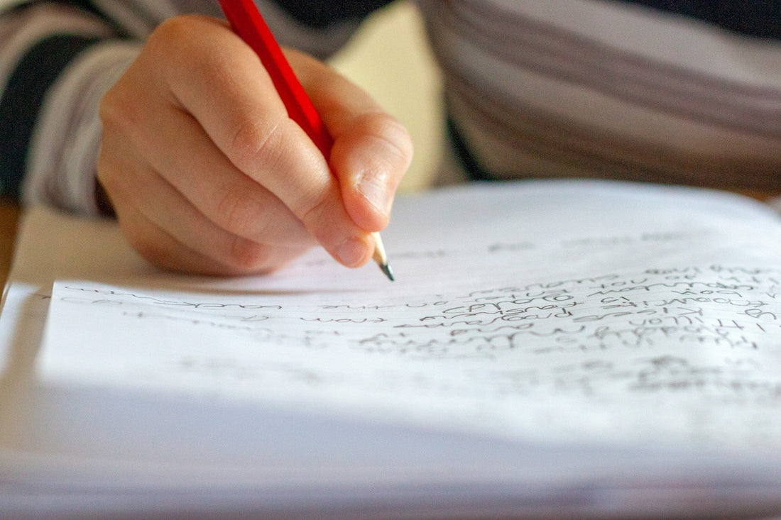 young child practicing handwriting in a notebook
